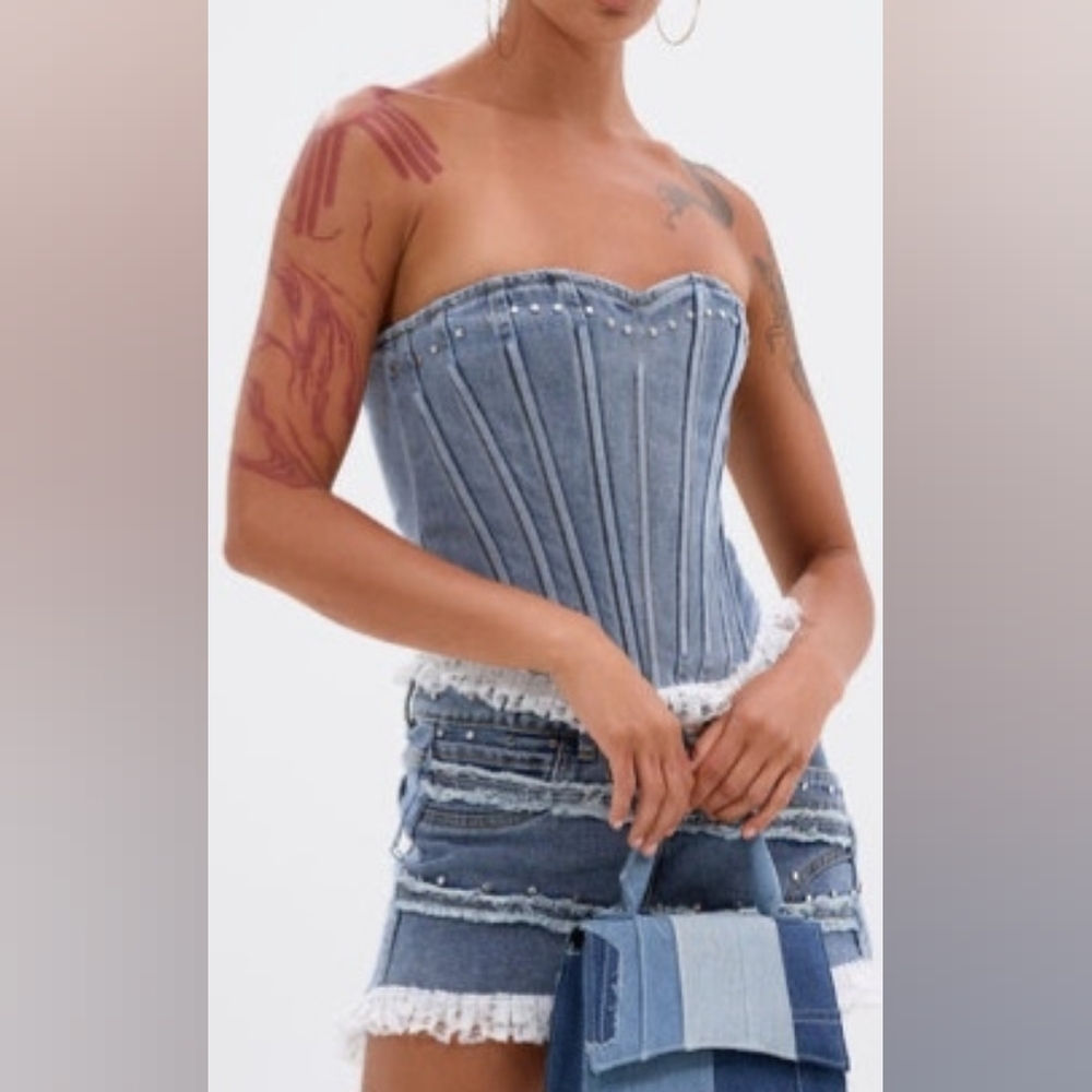 Akira Darling Lace Trim Denim Corset Top and Skirt Set Medium - Picture 1 of 2